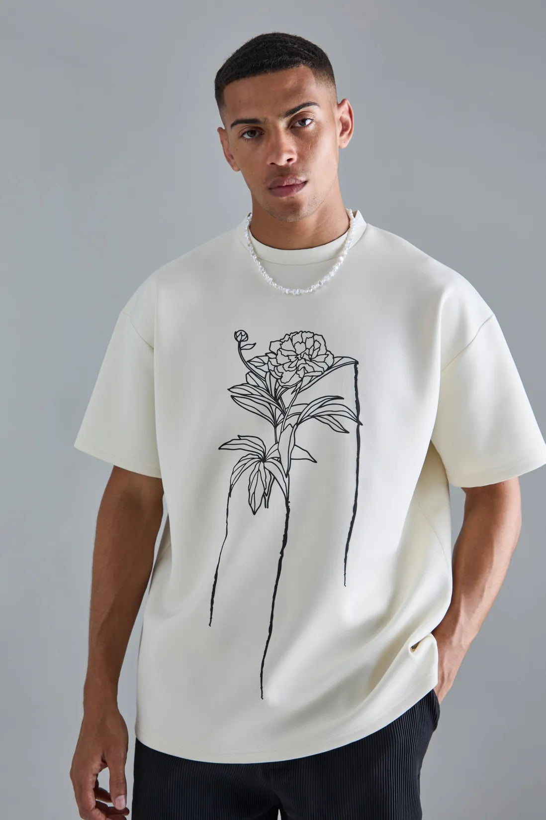 Oversized Floral Line Drawing Scuba T-shirt