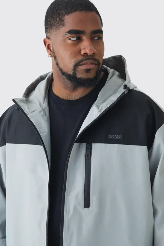 Plus Oversized Colour Block Hooded Windbreaker In Grey Jackets