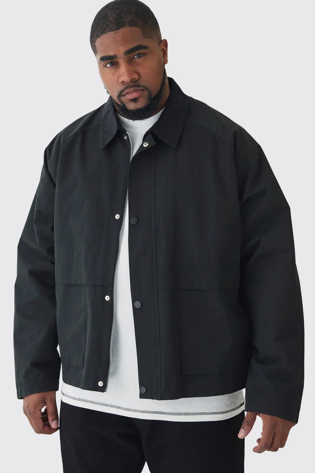 Plus Boxy Cord Collar Worker Jacket In Black