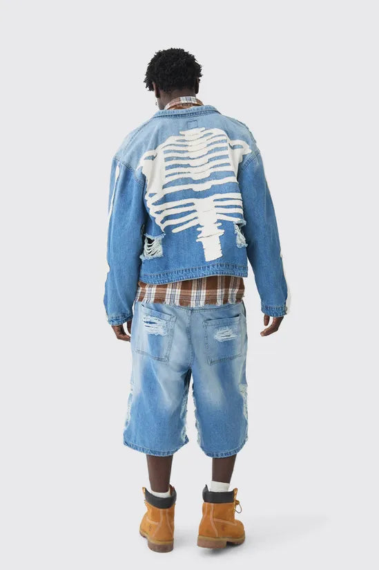 Boxy Fit Skeleton Applique Distressed Denim Jacket In Light Blue