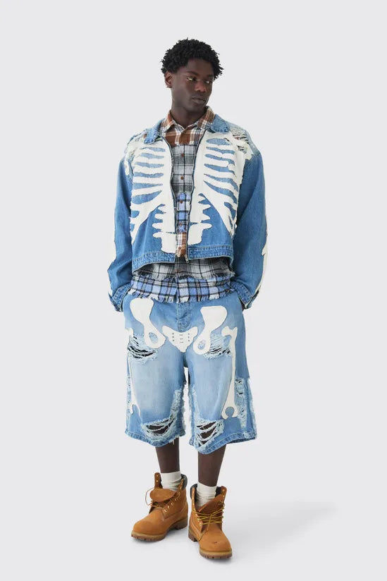 Boxy Fit Skeleton Applique Distressed Denim Jacket In Light Blue