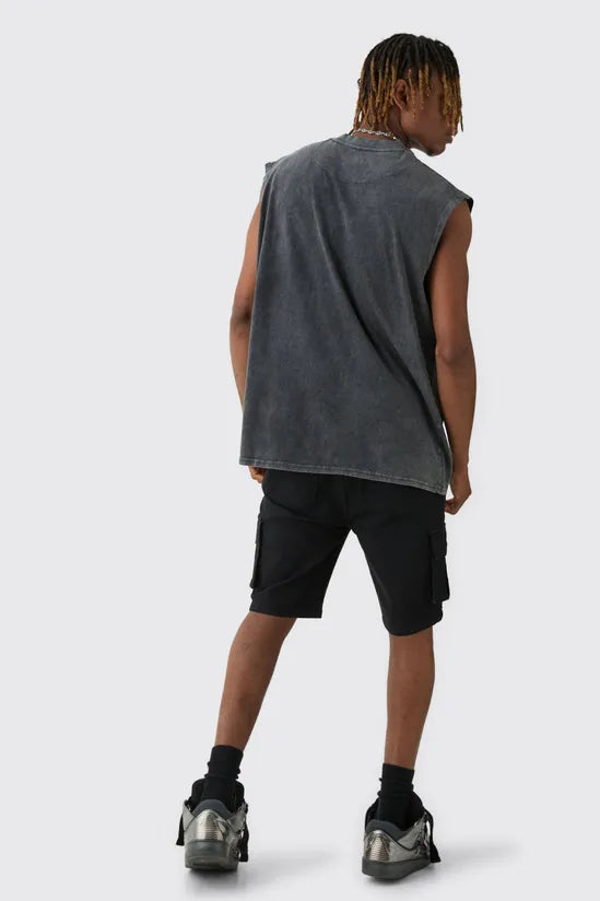 Tall Skinny Stretch Cargo Denim Shorts In Black