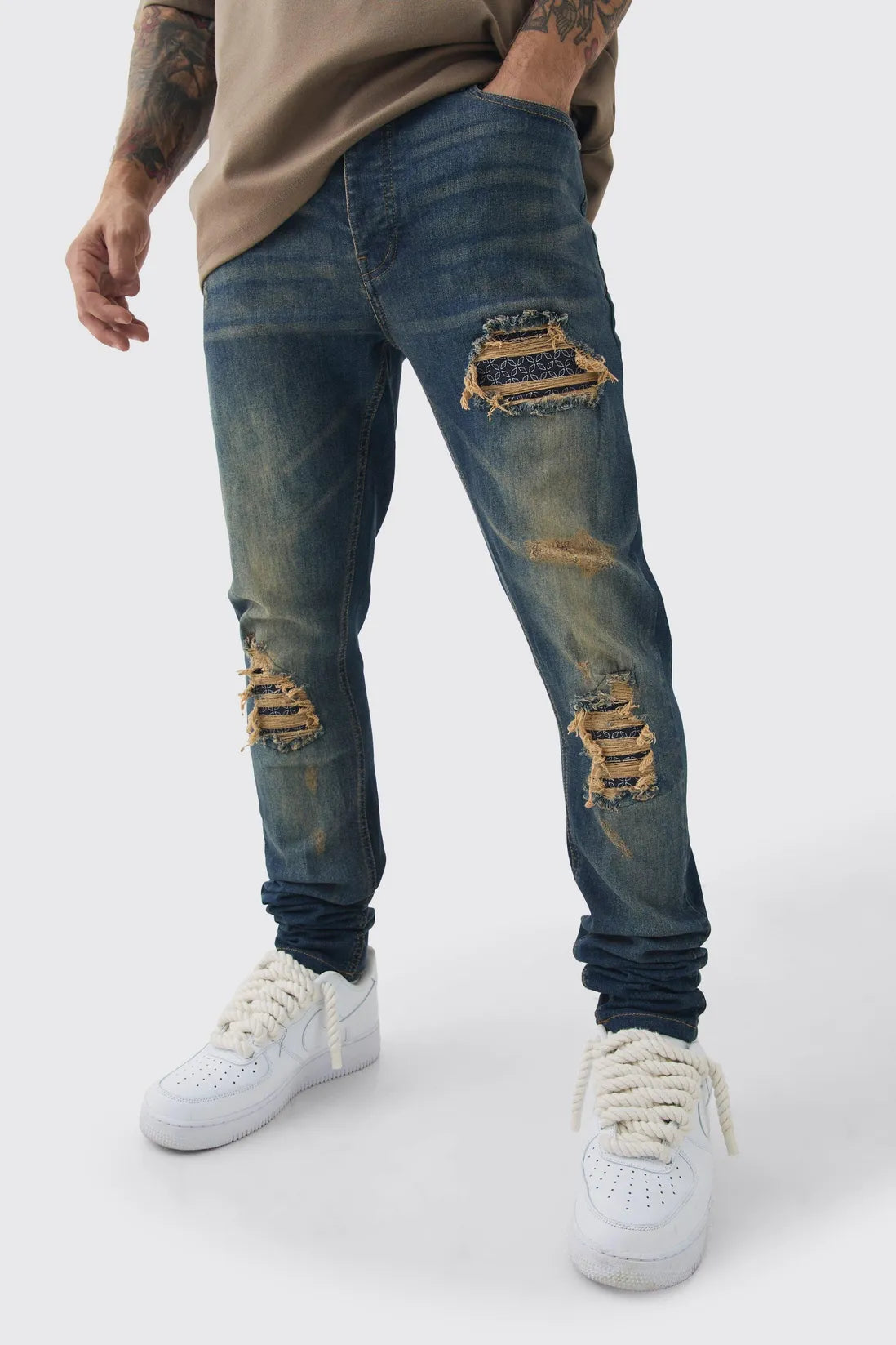 Skinny Stretch Stacked Bandana Rip & Repair Jeans