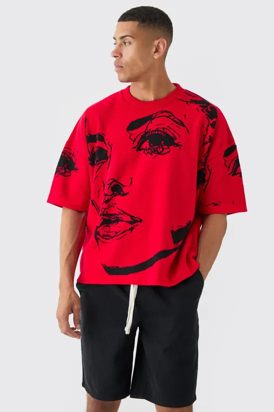 Oversized Line Drawing Knitted T-shirt