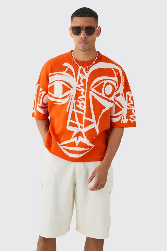 Oversized Face Line Drawing Knitted T-shirt