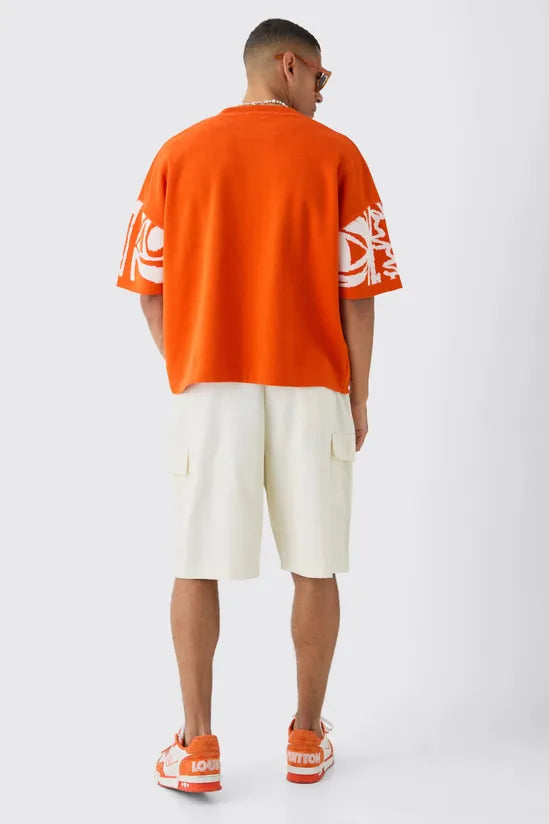 Oversized Face Line Drawing Knitted T-shirt