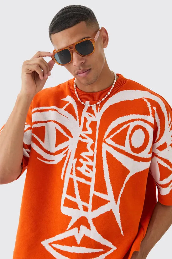 Oversized Face Line Drawing Knitted T-shirt