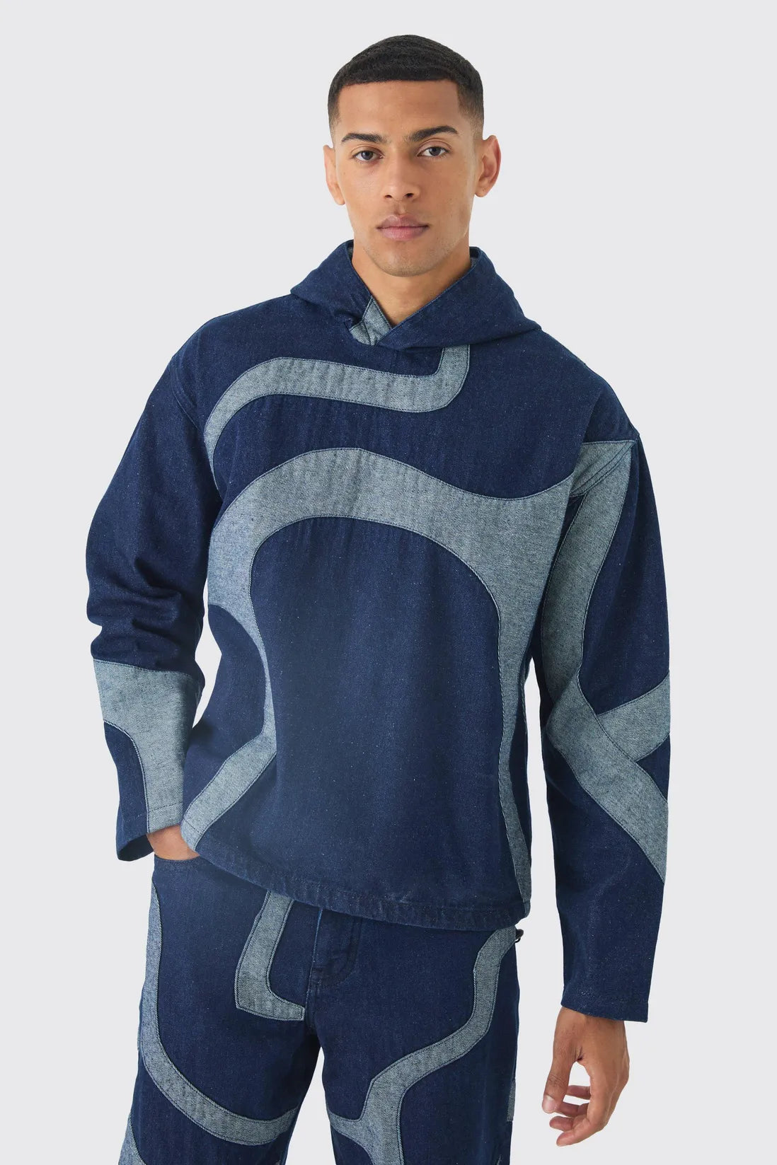 Boxy Denim Patchwork Applique Hoodie