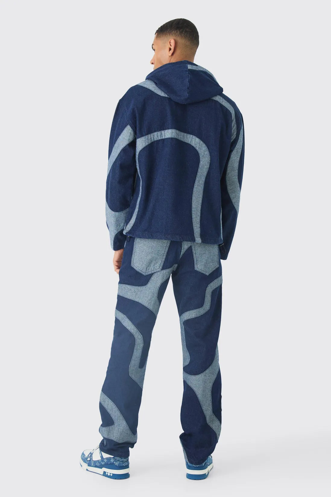 Boxy Denim Patchwork Applique Hoodie
