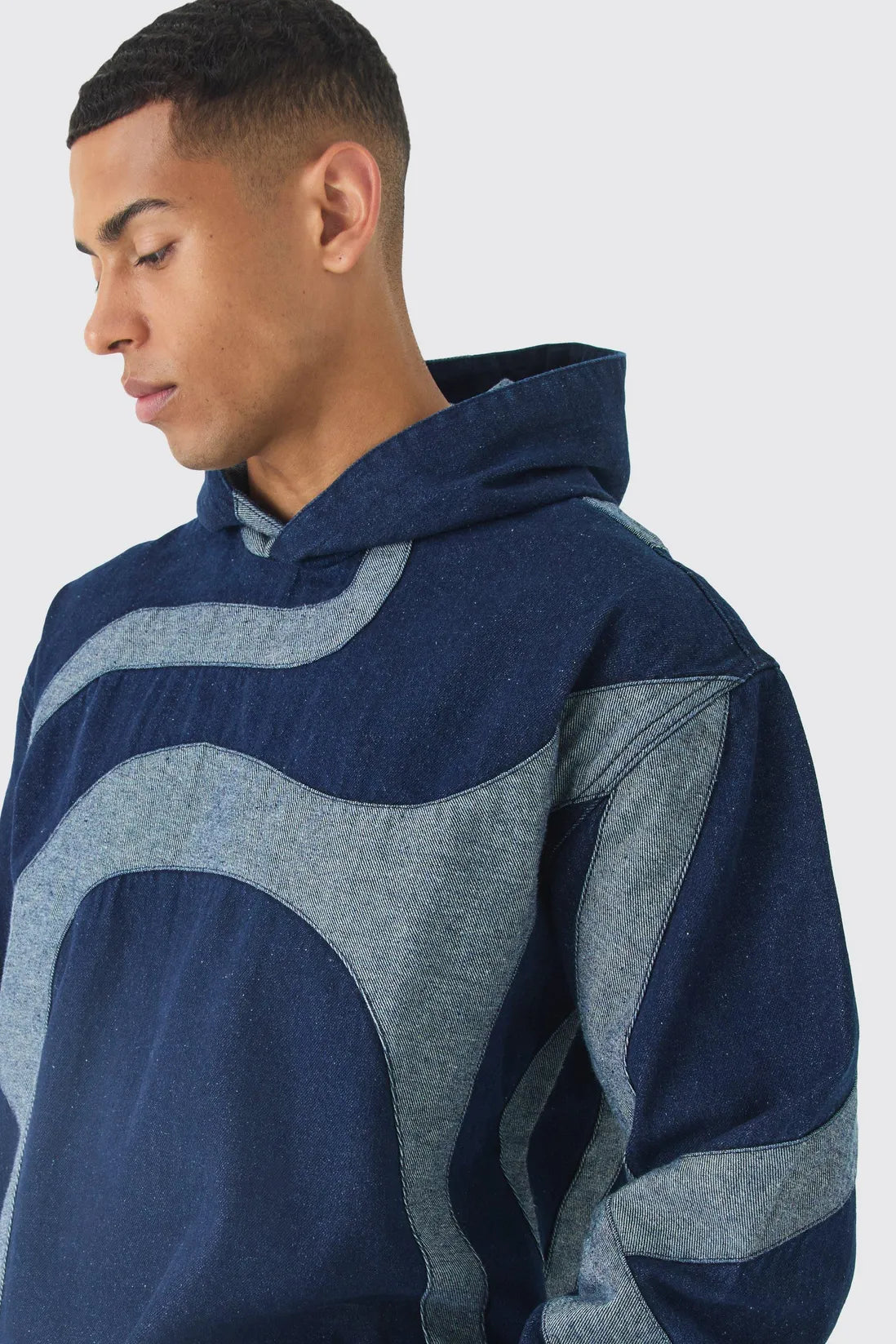 Boxy Denim Patchwork Applique Hoodie