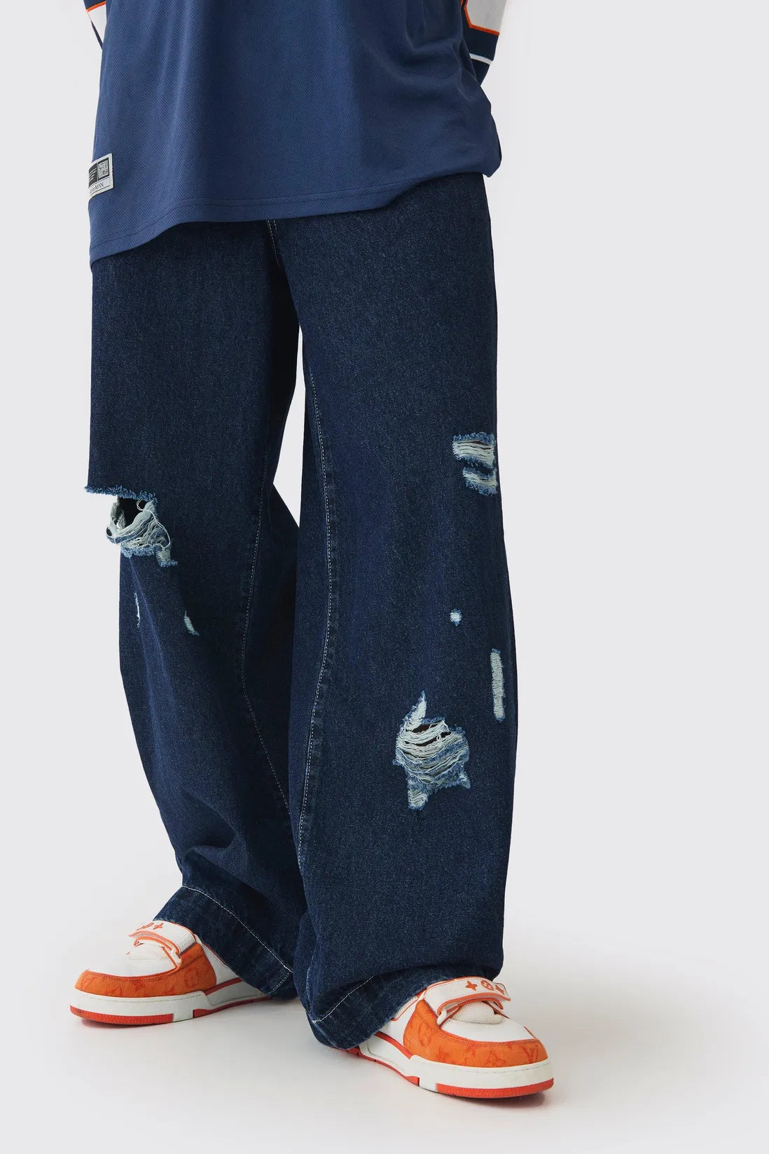 Baggy Fit Rigid Indigo Ripped Jeans