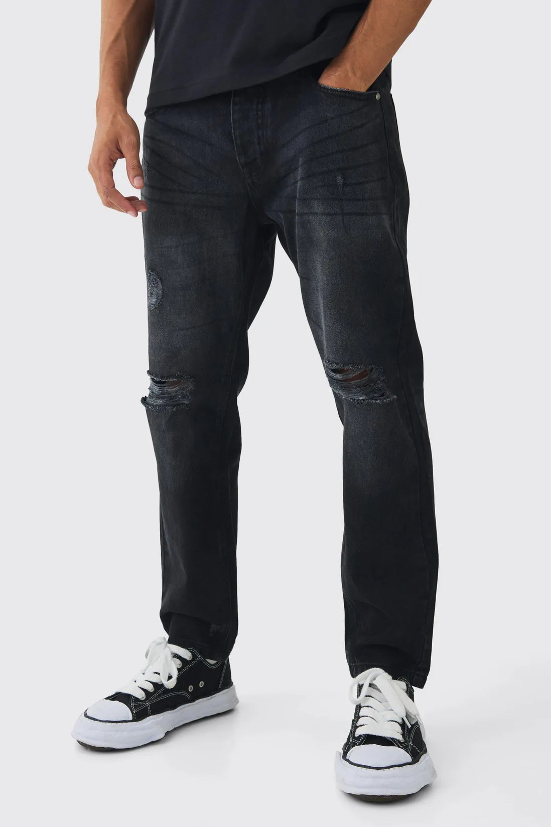 Straight Leg Distressed Ripped Knee Jeans