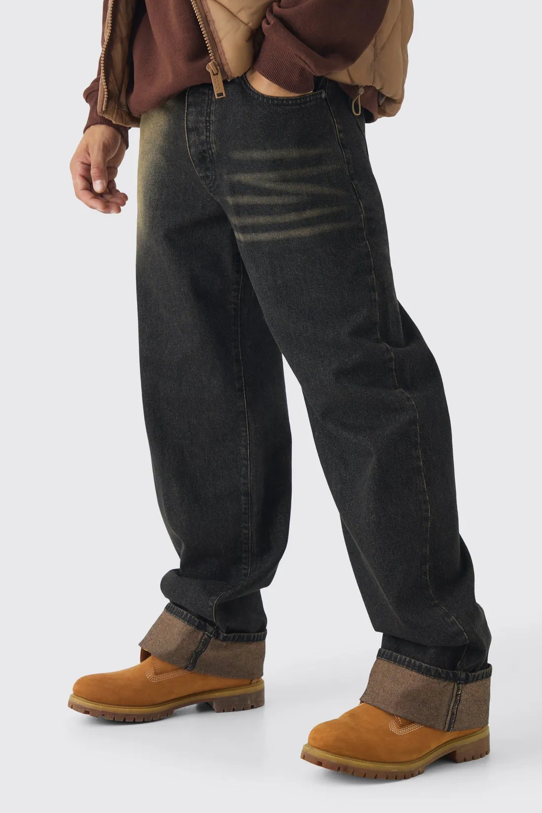 Relaxed Brown Spray Wash Turn Up Hem Jeans
