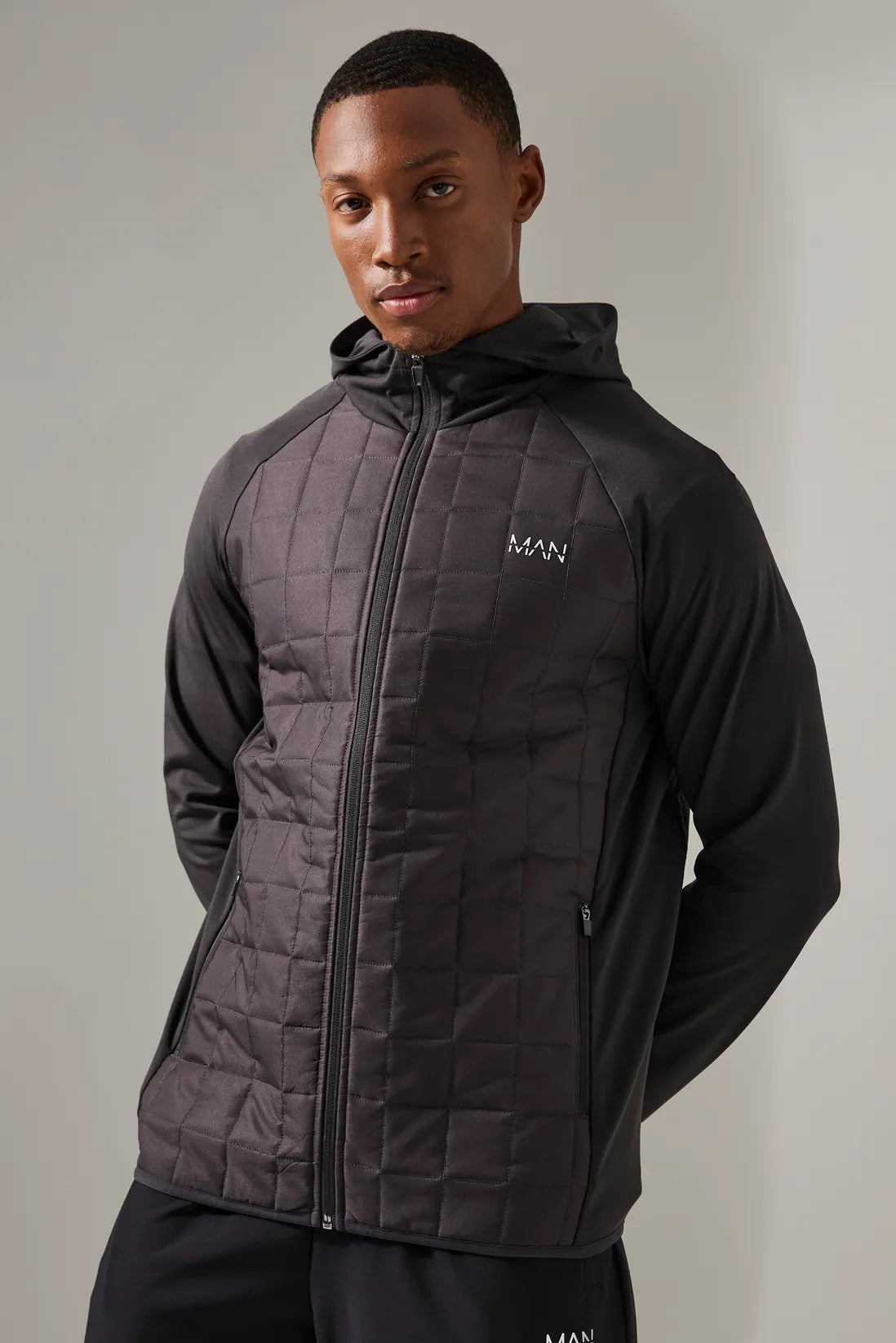 Man Active Check Quilted Zip Through Hoodie