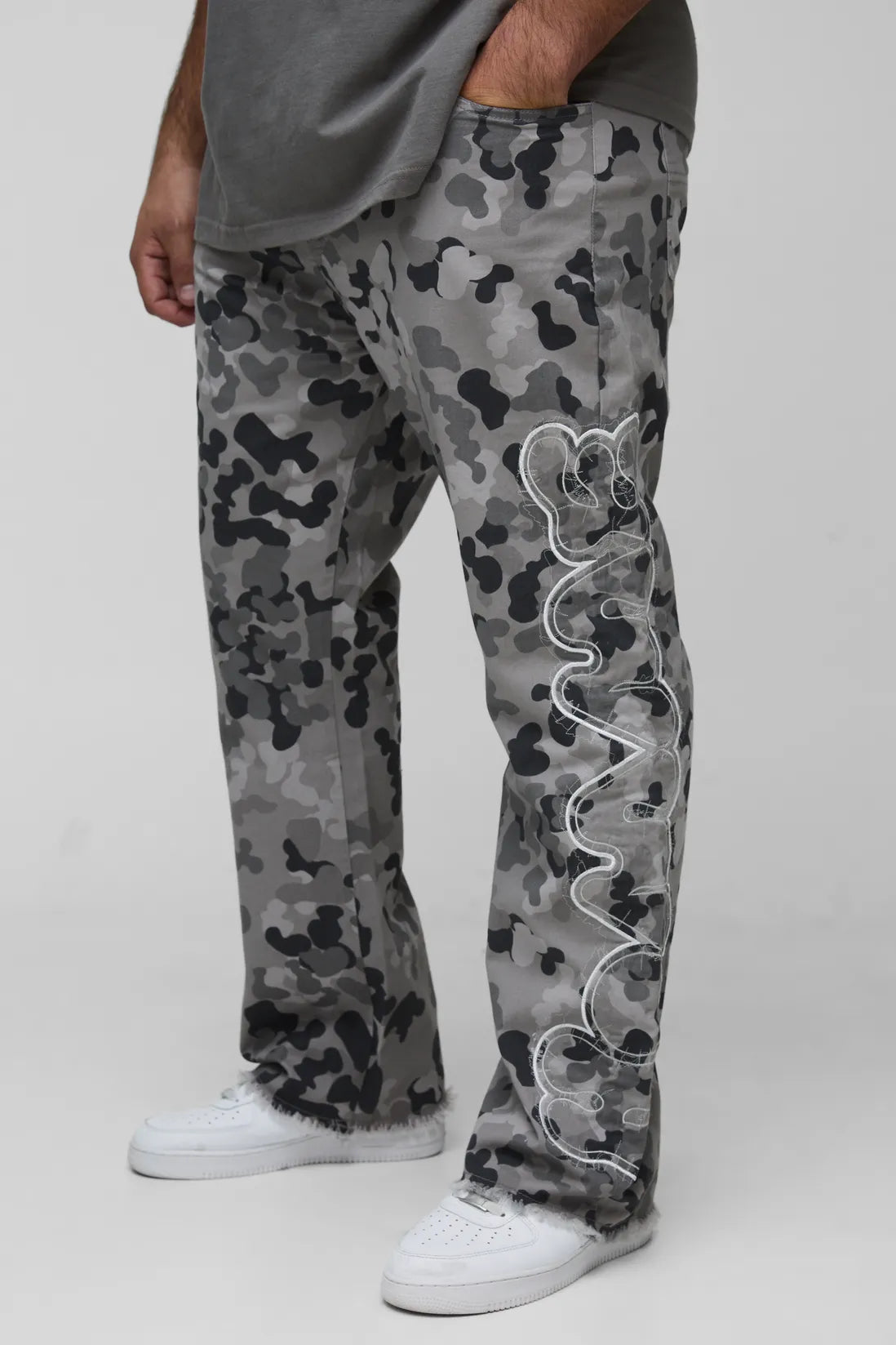 Plus Self Applique Gusset Detail Camo Slim Fit Flared Trousers