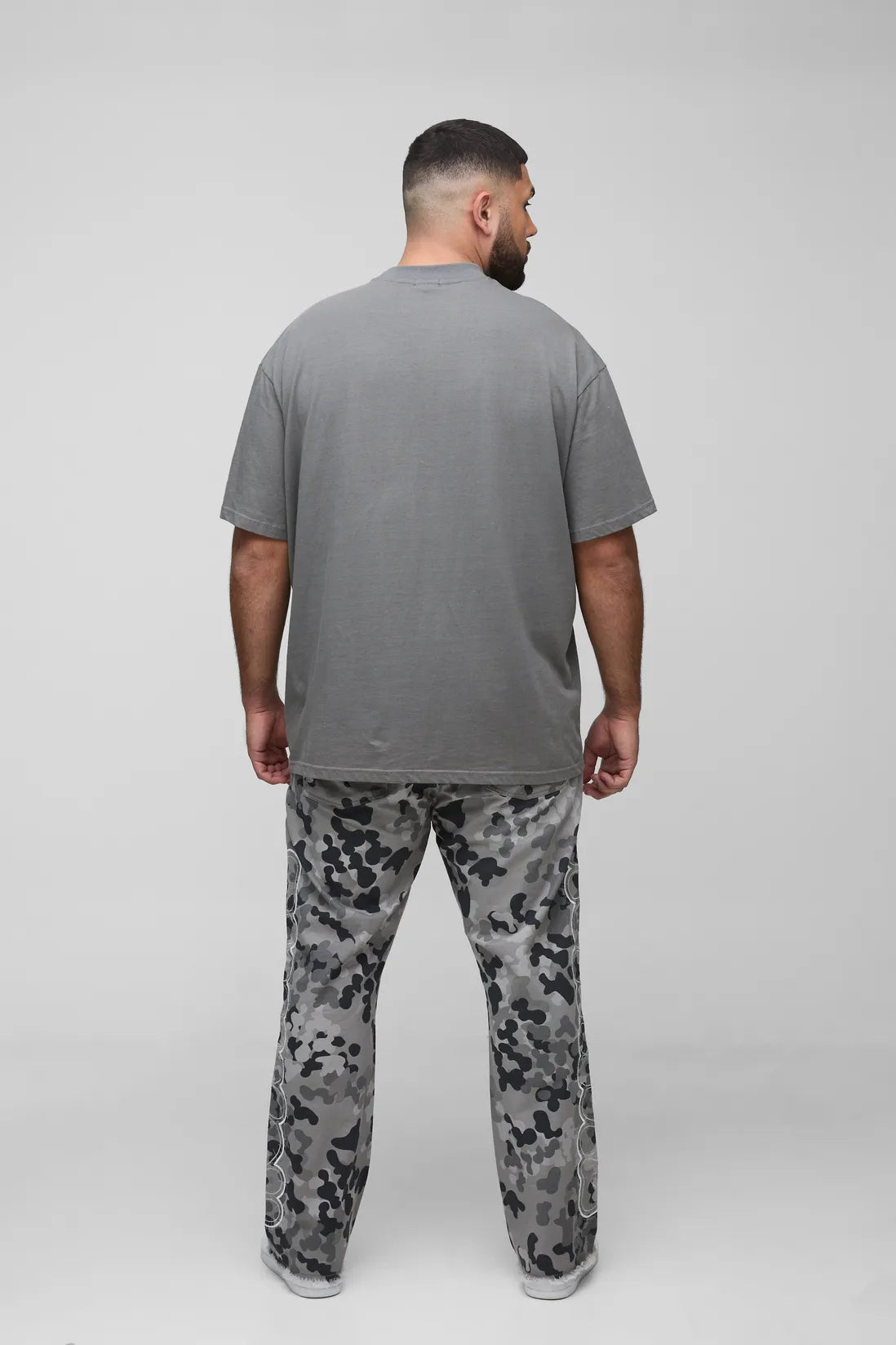 Plus Self Applique Gusset Detail Camo Slim Fit Flared Trousers