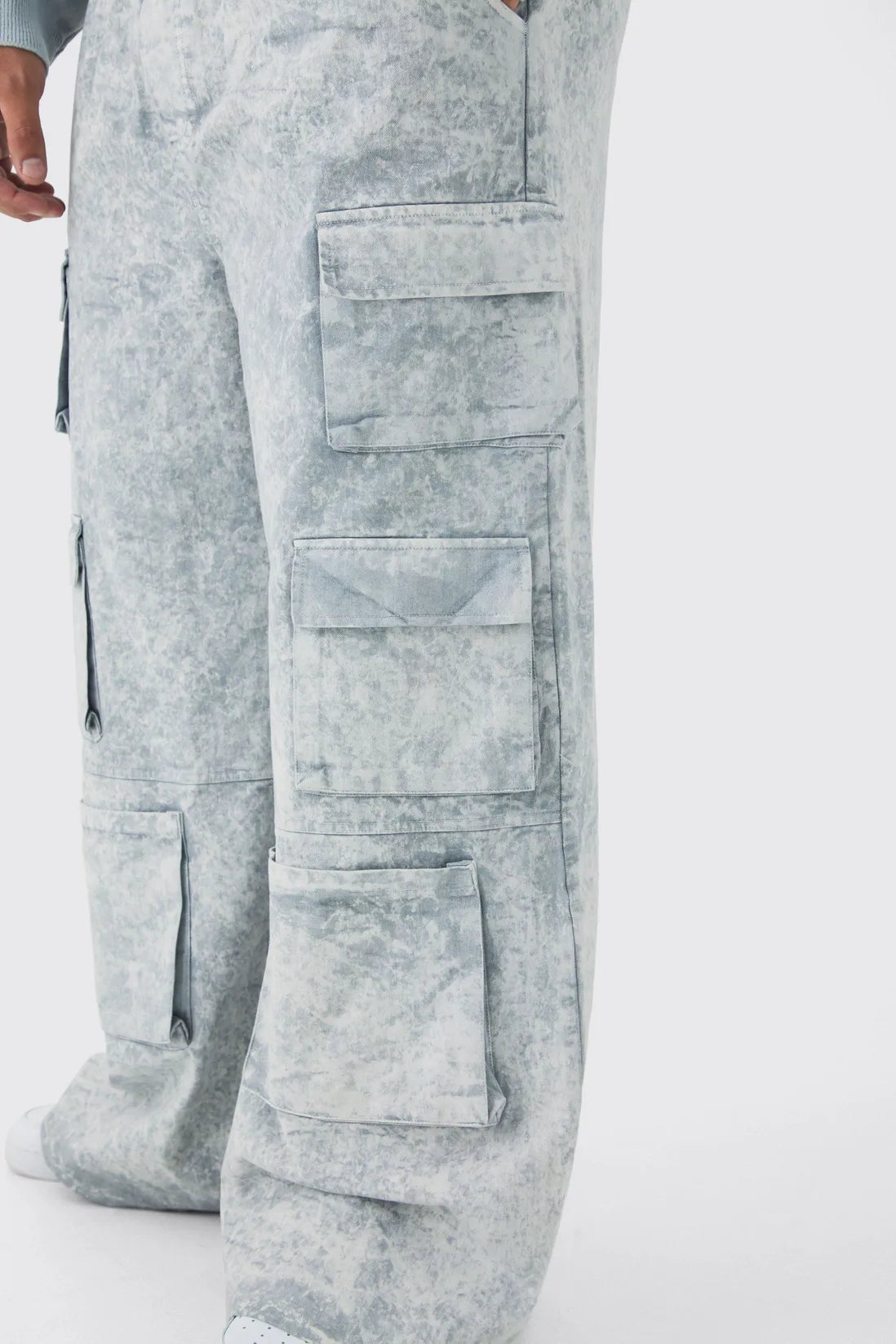 Plus Elasticated Waist Extreme Baggy Heavyweight Washed Multi Cargo Trousers
