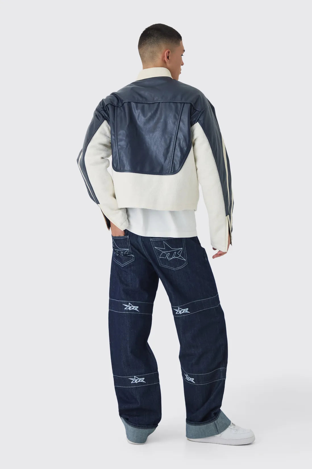 Relaxed Rigid Indigo Contrast Embroidered Strap Turn Up Jeans