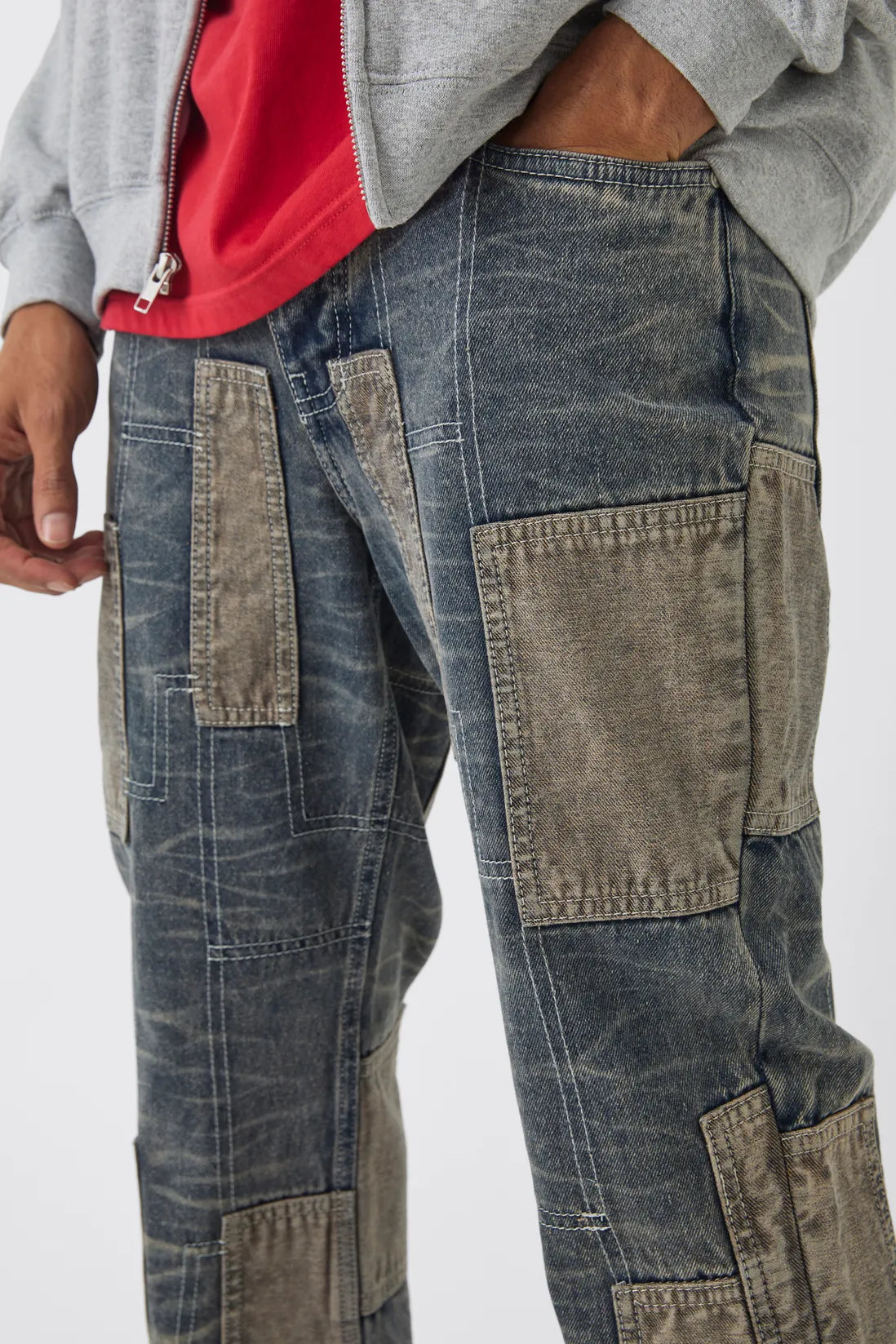 Relaxed Flared Patchwork Contrast Stitch Jeans