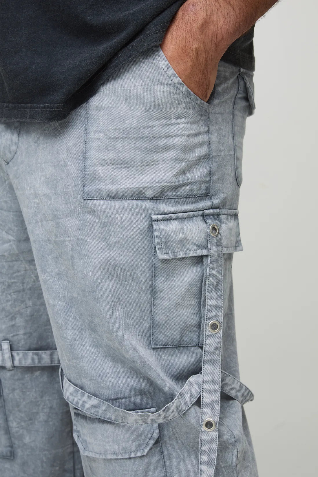 Plus Acid Wash Strappy Relaxed Fit Cargo Trousers