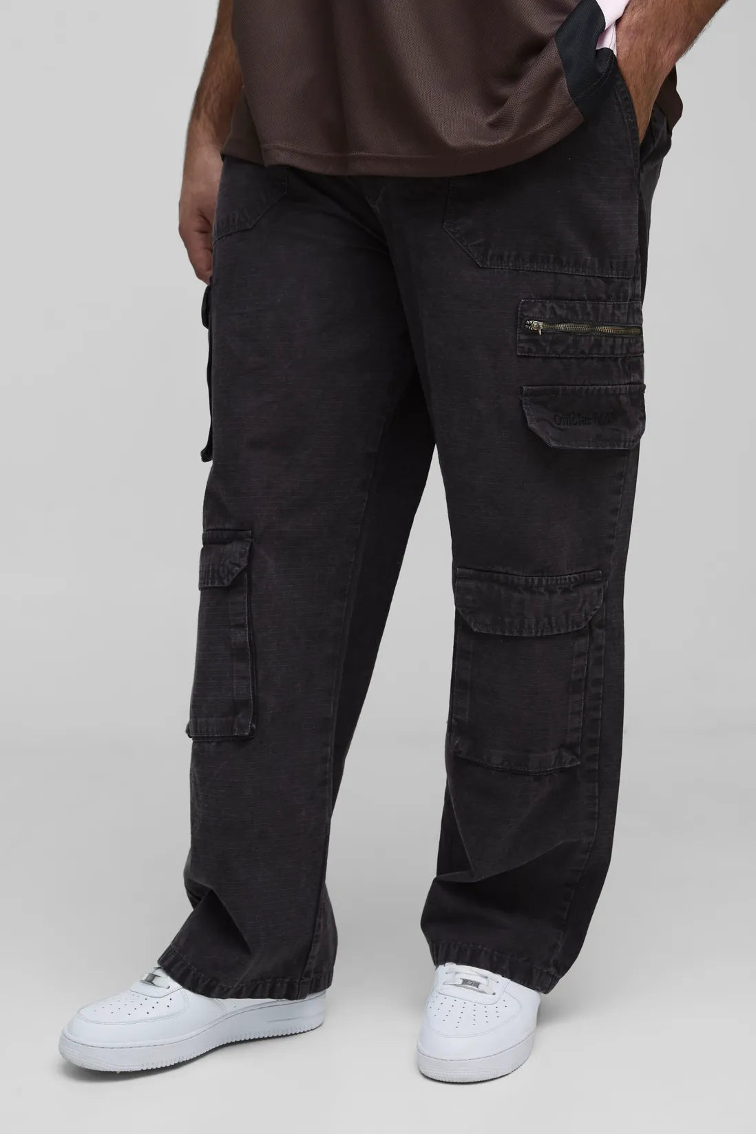 Plus Washed Ripstop Embroidered Relaxed Fit Cargo Trousers