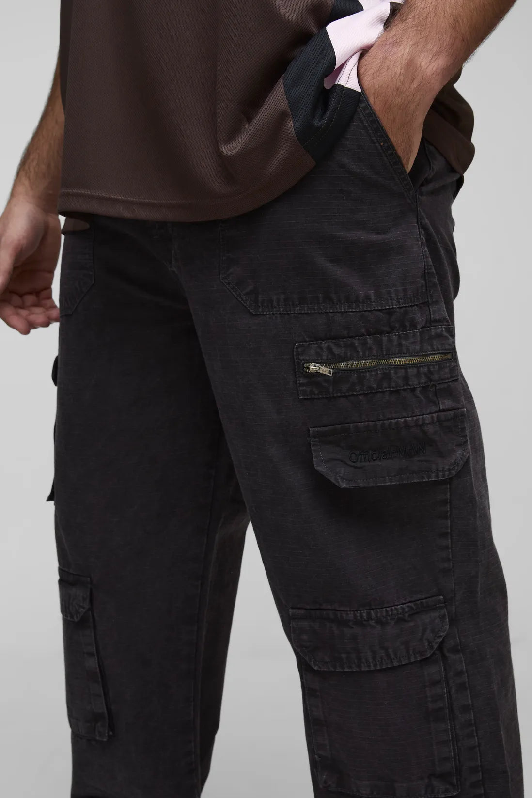 Plus Washed Ripstop Embroidered Relaxed Fit Cargo Trousers