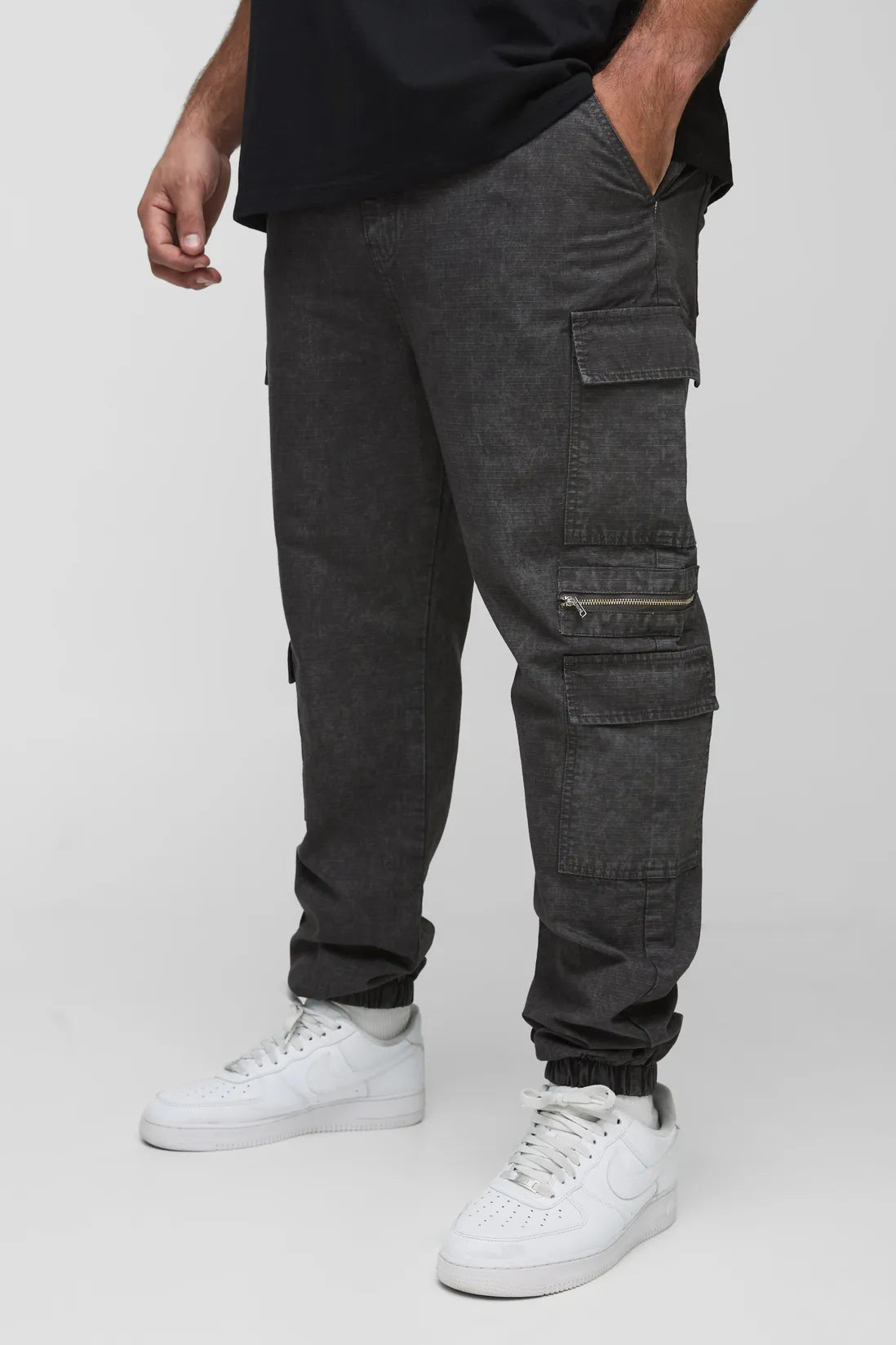 Plus Washed Ripstop Zip Detail Slim Fit Cargo Trousers