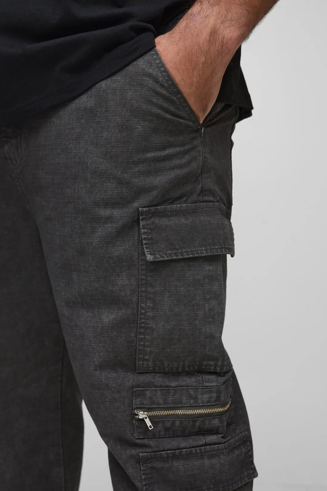 Plus Washed Ripstop Zip Detail Slim Fit Cargo Trousers