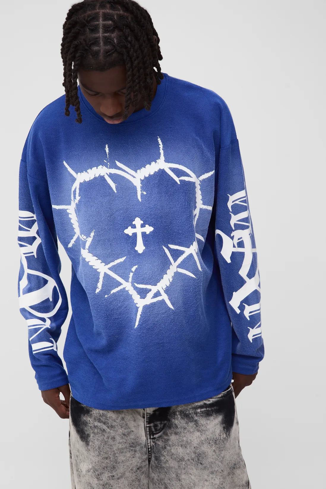 Oversized Reverse Loopback Heart Print Long Sleeve Spray Wash T-Shirt