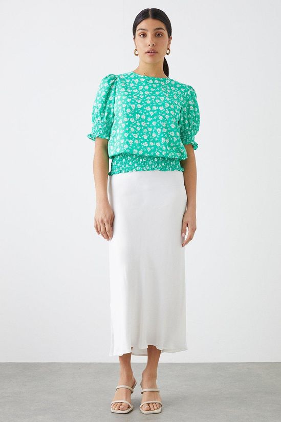 Green Ditsy Shirred Hem Top