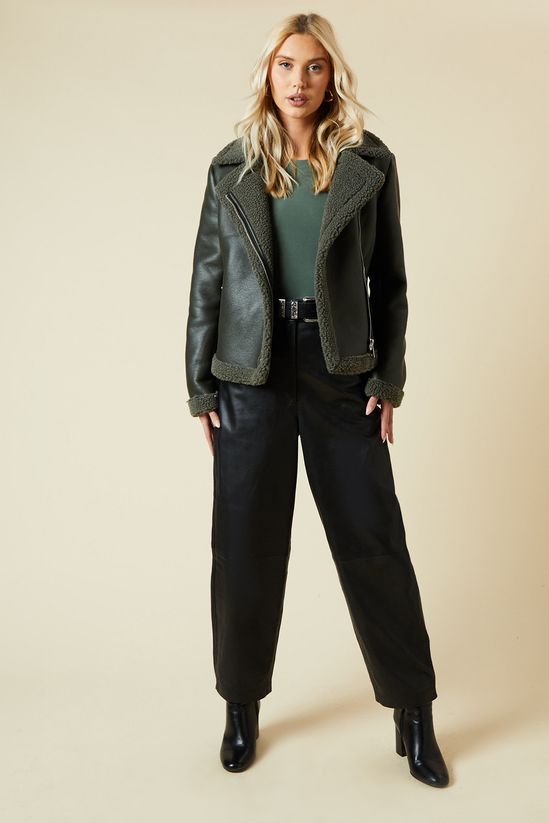 Khaki Faux Leather Short Aviator Jacket