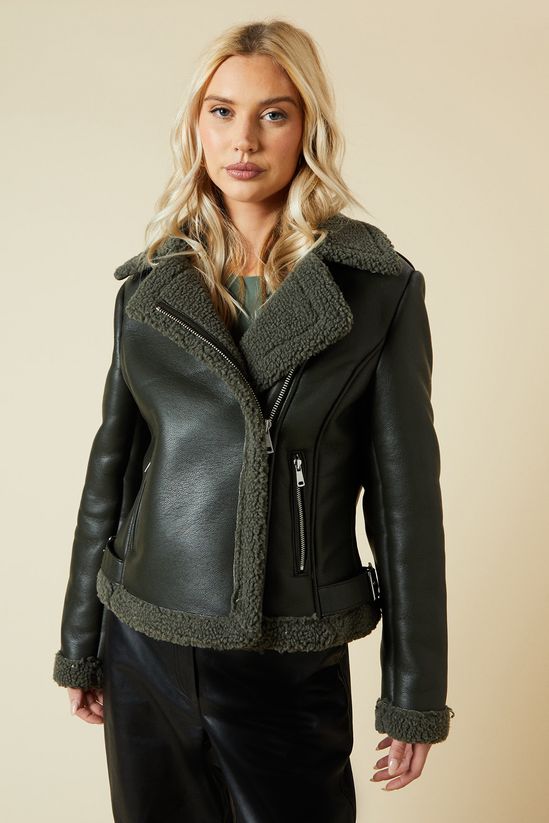 Khaki Faux Leather Short Aviator Jacket