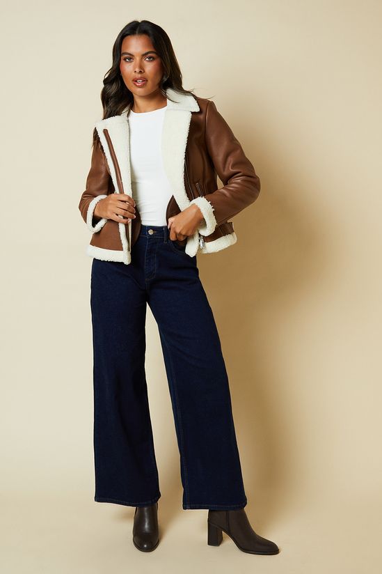 Brown Faux Leather Short Aviator Jacket