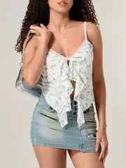 Women's Sexy Summer Fitted Camisole Top - Sleeveless V-Neck Tie-Up Bow Bustier Crop Top