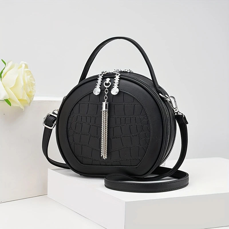 omen's Round Crocodile-Embossed Mini Crossbody Bag