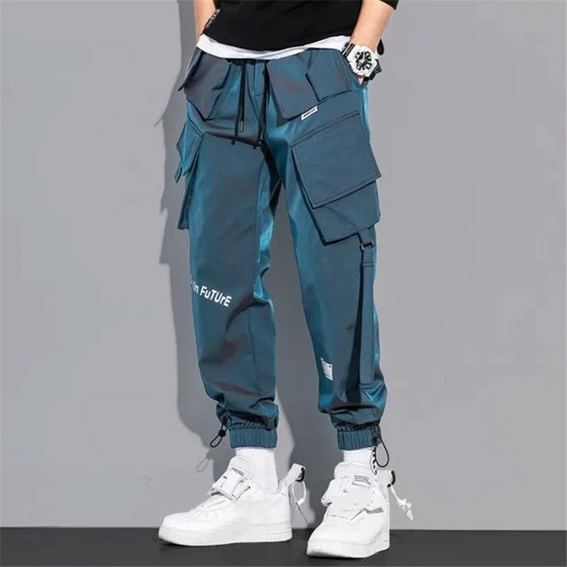 Men's Slim Fit Harem Cargo Trousers with Ribbon Detail
