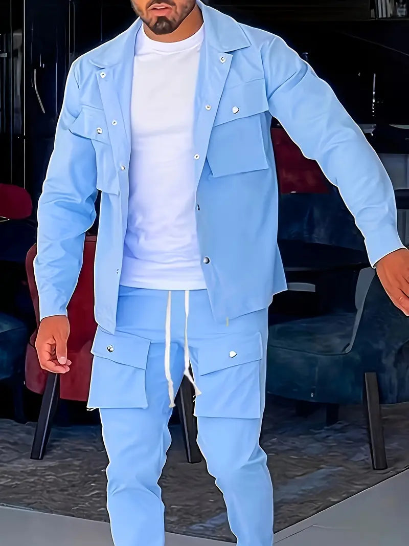 Men's Blue Button-Up Casual Jacket with Flap Pockets