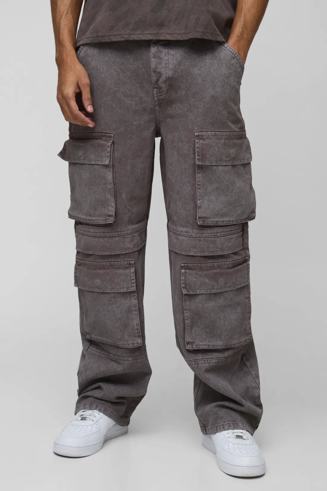 Relaxed Rigid Acid Washed Multi Pocket Cargo Denim Jeans