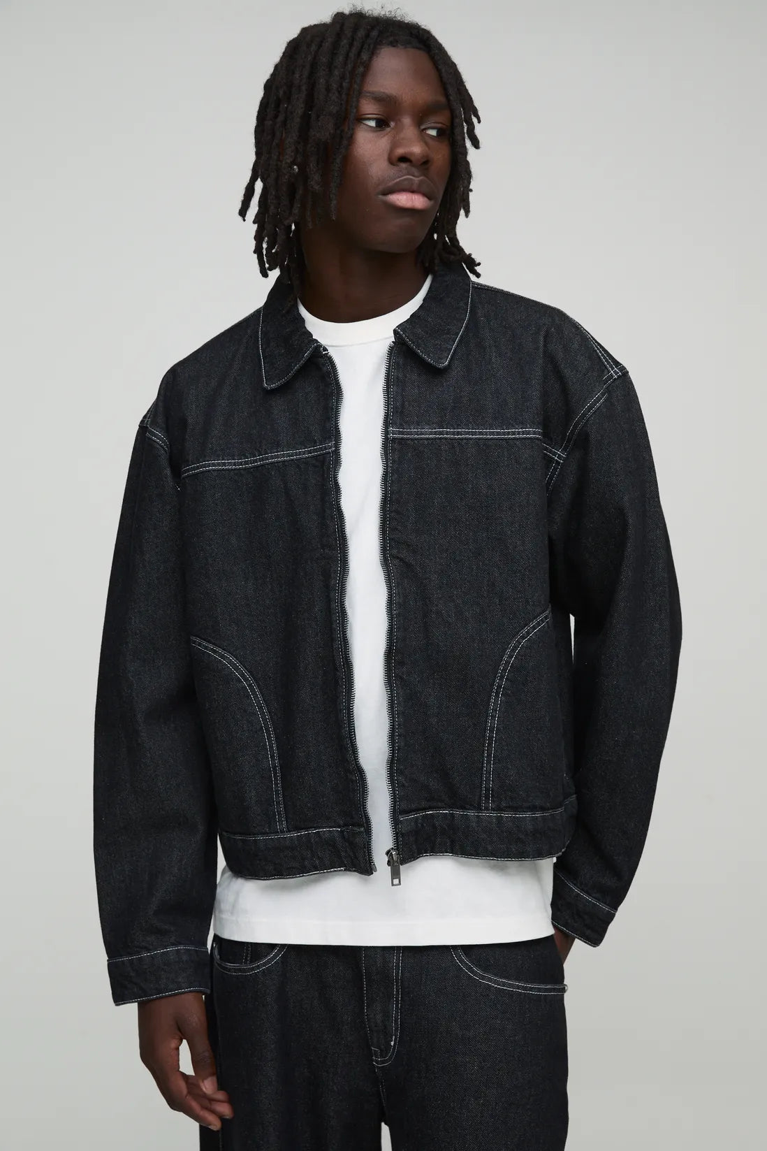 Boxy Contrast Stitch Denim Jacket