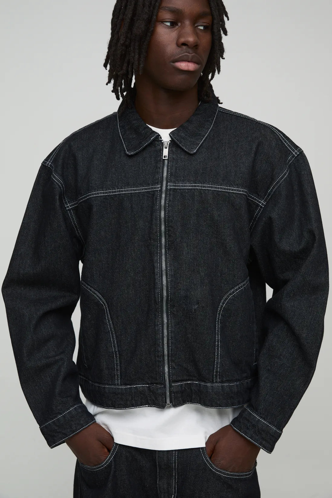 Boxy Contrast Stitch Denim Jacket