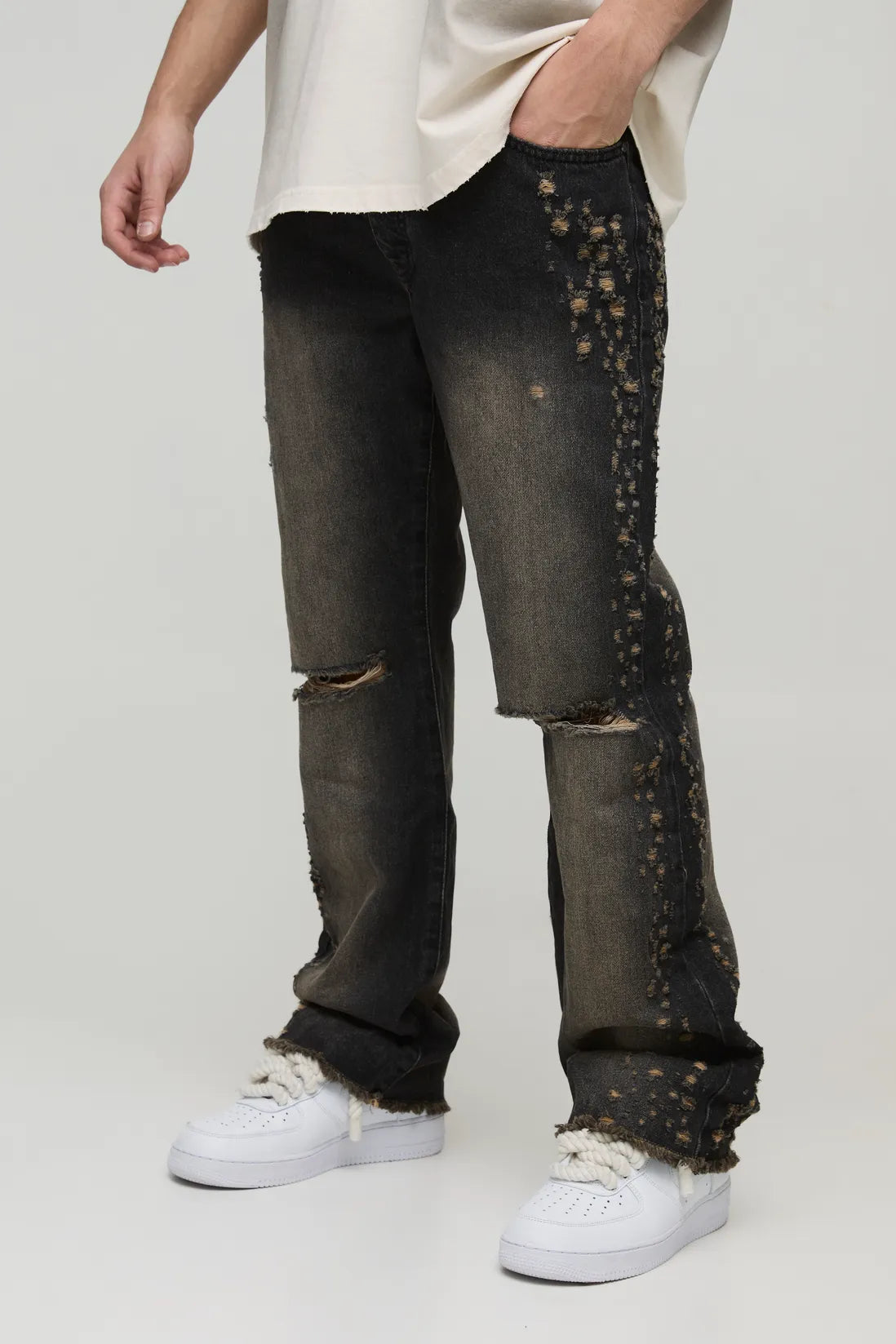 Slim Rigid Flared Stacked Distressed Washed Jeans