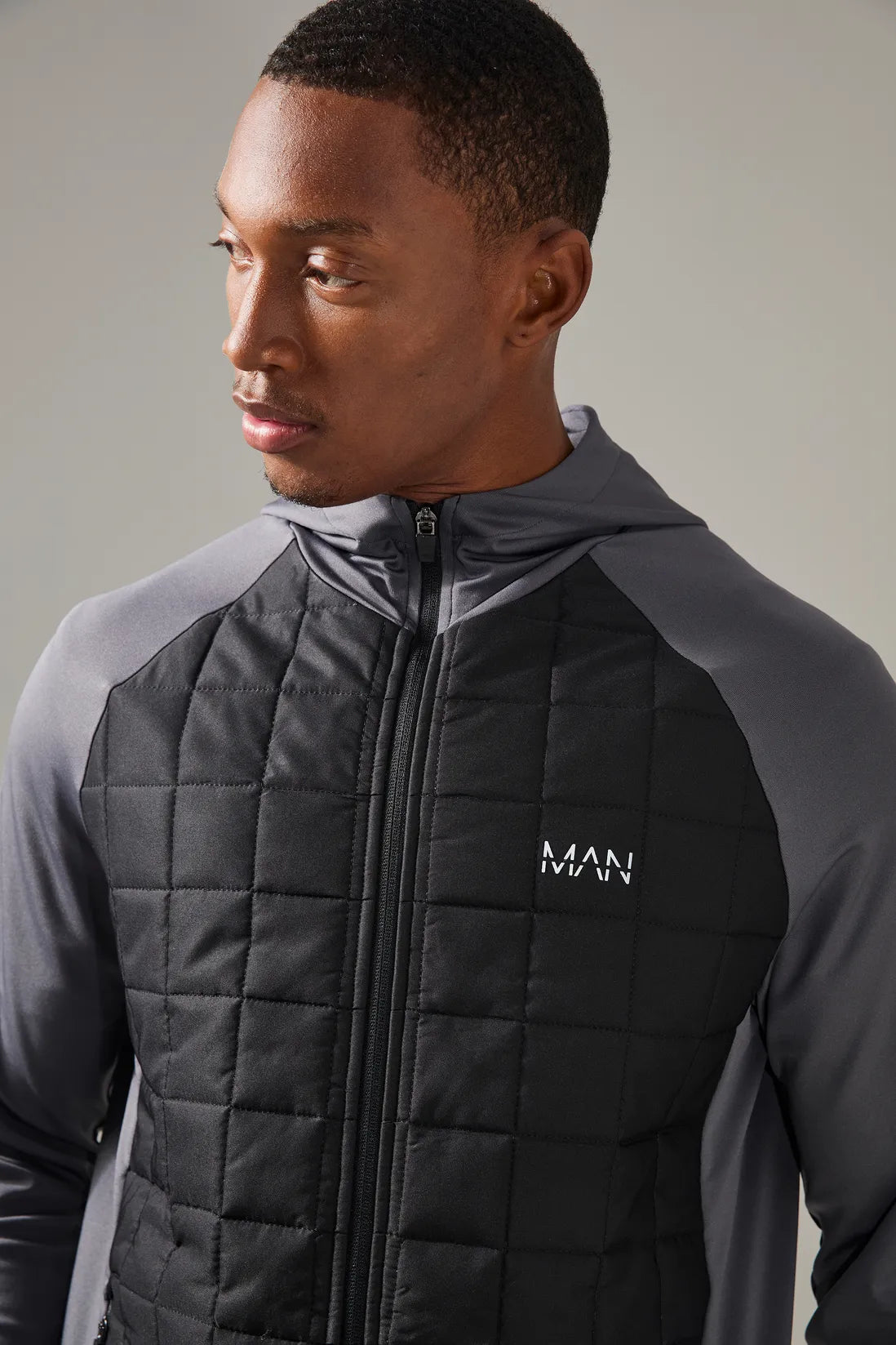 Man Active Check Quilted Zip Through Hoodie