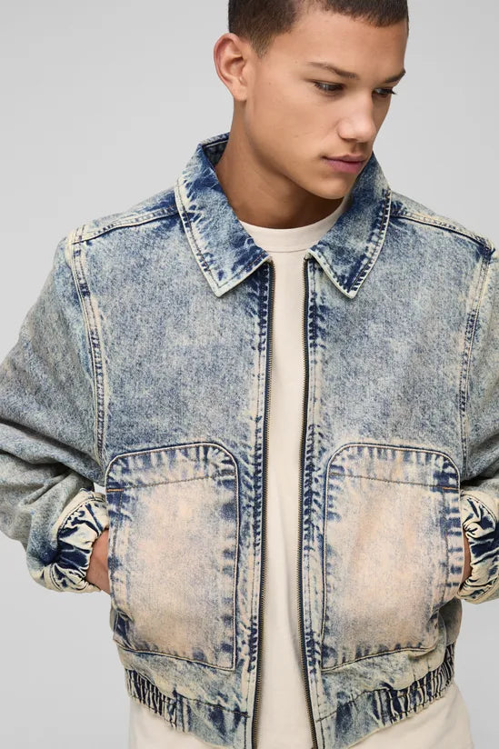 Relaxed Zip Through Antique Wash Denim Bomber