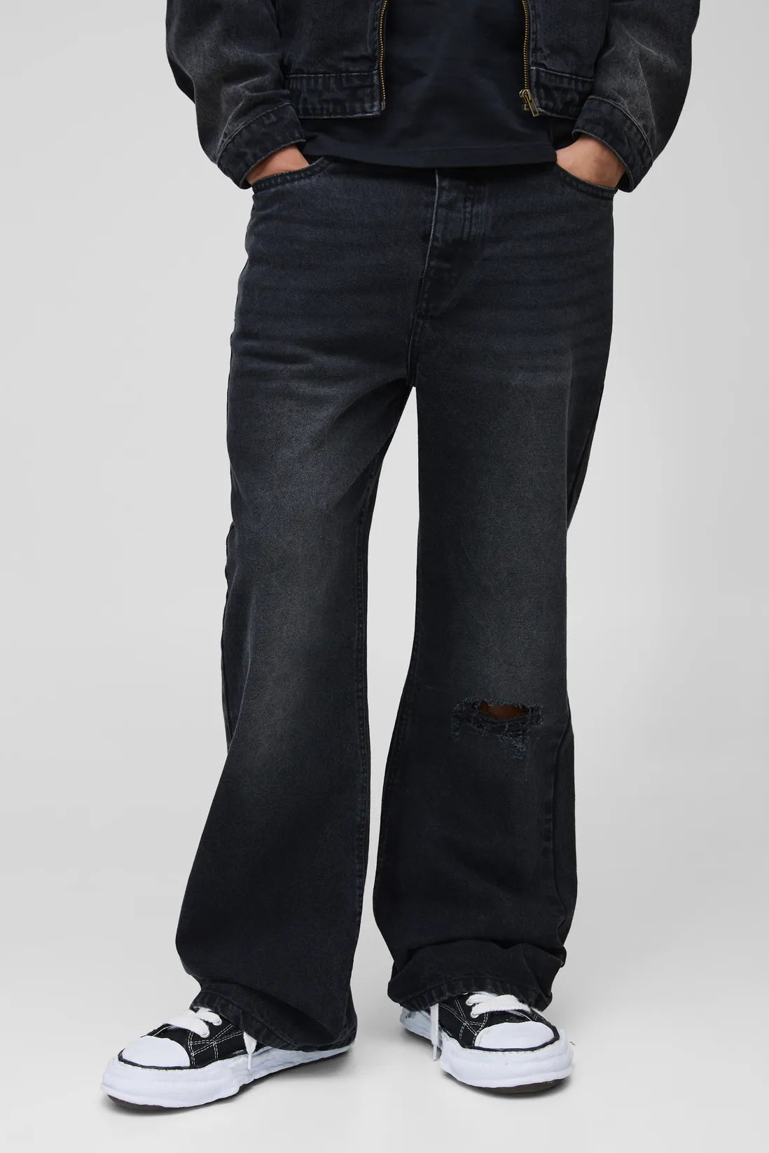 Relaxed Flare Washed Black Ripped Knee Jeans