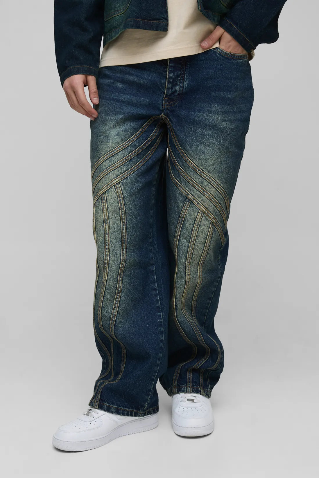 Relaxed Rigid Vintage Look Panelled Denim Jeans