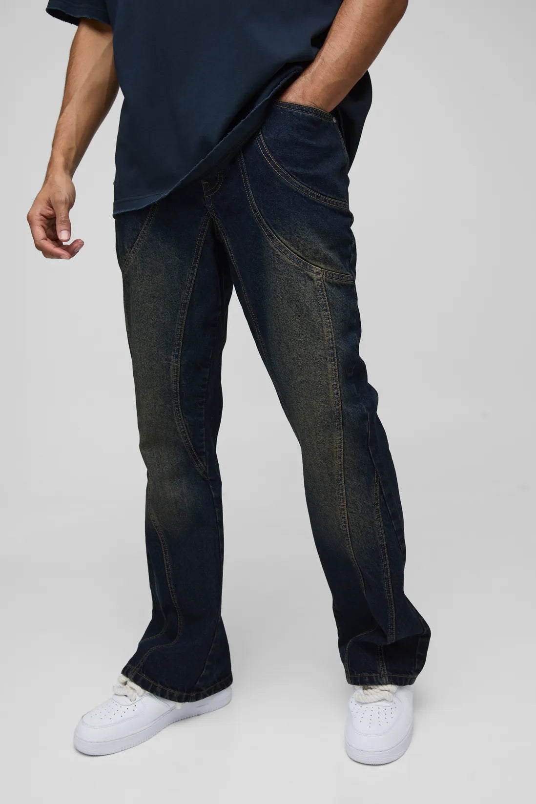 Relaxed Rigid Flare Washed Panelled Denim Jeans