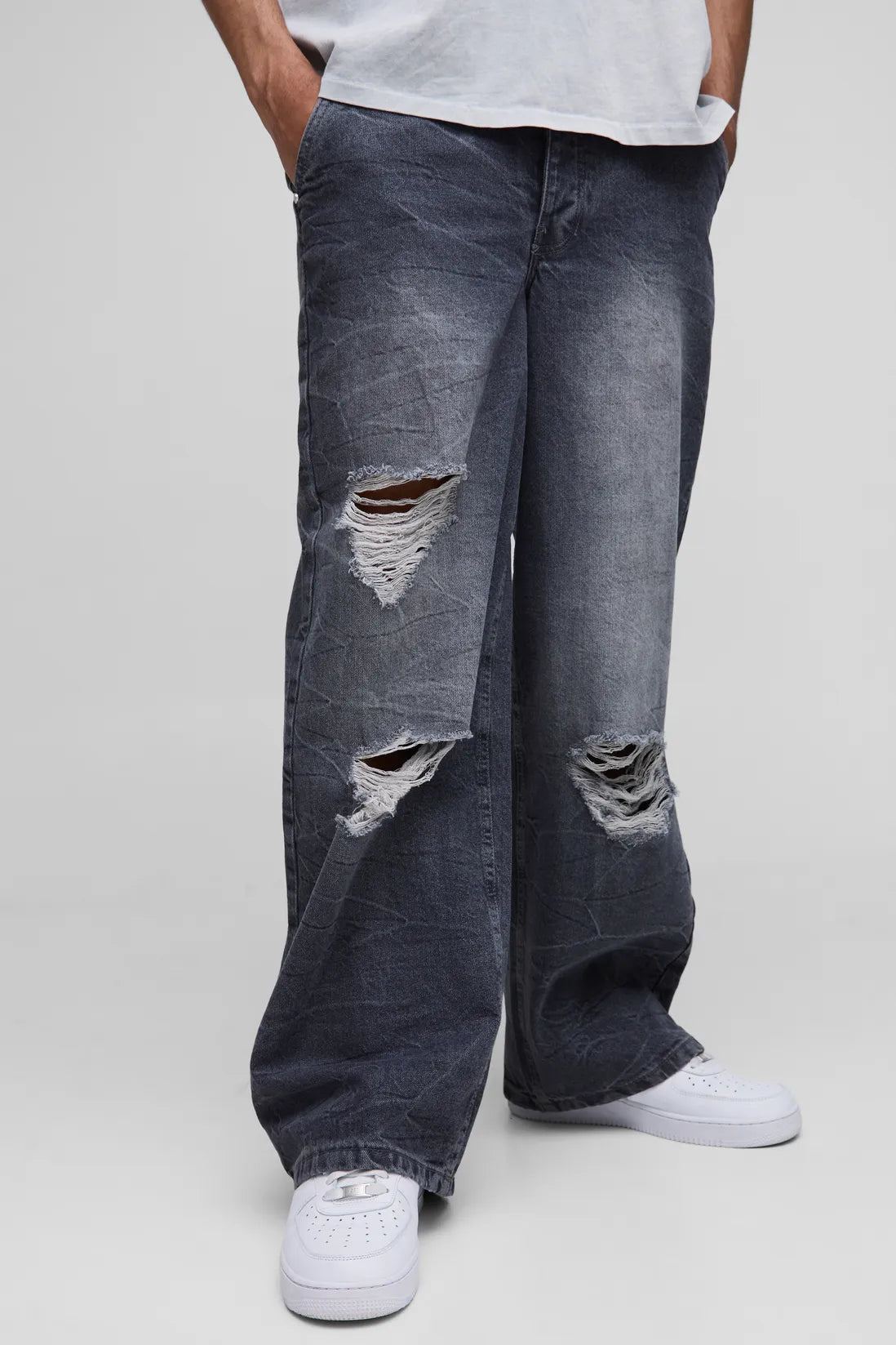 Baggy Rigid Boxer Waistband Ripped Crinkle Washed Denim Jeans