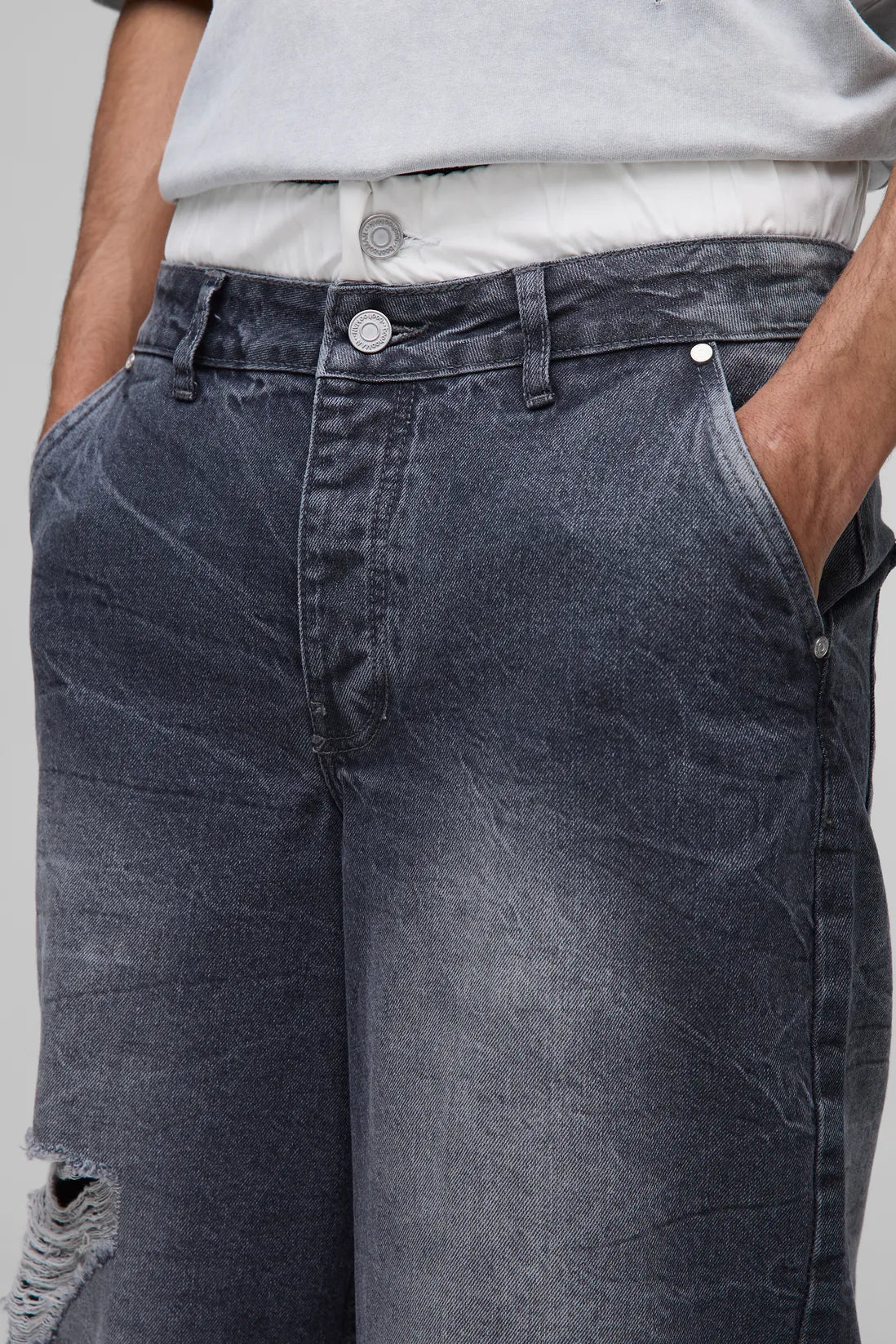 Baggy Rigid Boxer Waistband Ripped Crinkle Washed Denim Jeans