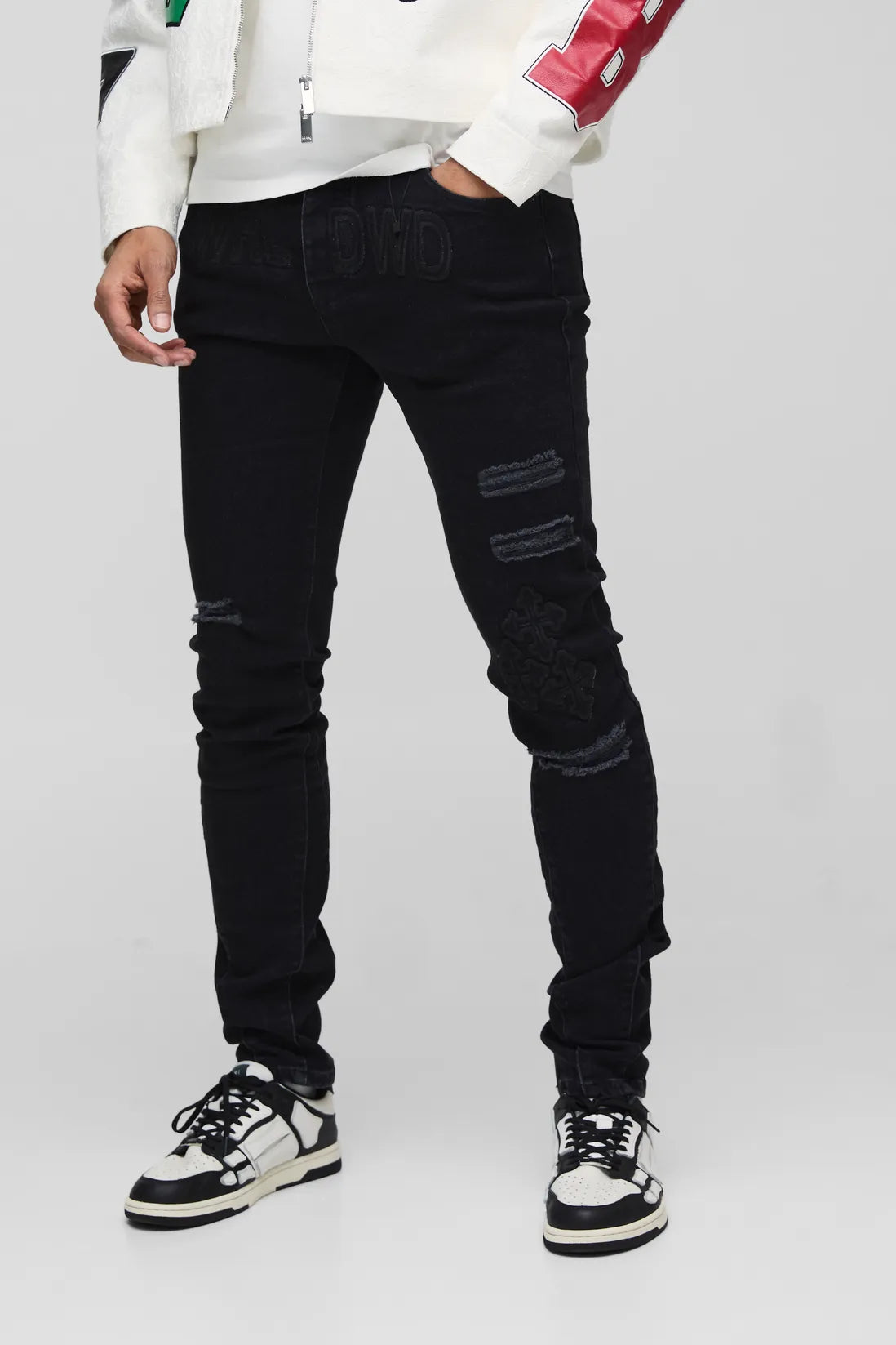 Skinny Stacked Cross Applique Jeans