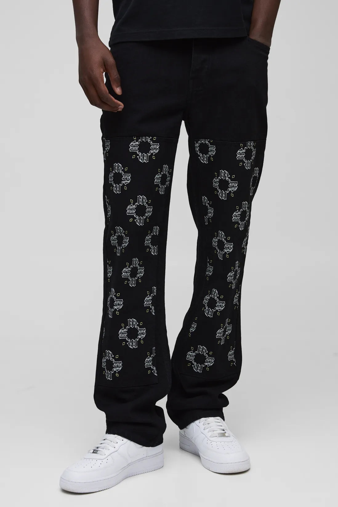 Straight Leg Floral Embroidered Carpenter Jeans